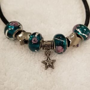 Elegant Teal& Silver Charm Necklace With Beads Lined In 925 Sterling SIlver